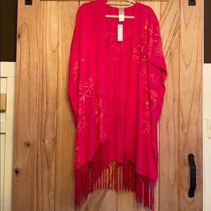 Floral Embroidered Ruana Covering in Summer Berry